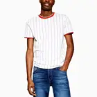 Wholesale Men Summer Fashion Clothes Cotton Elastane Red Neck Short Sleeve Vertical Striped White T-shirt