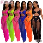 S6007 Wholesale sexy solid color one piece swimsuit and mesh ruffles pants two piece set beachwear women