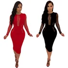 One piece sexy mesh see through mid calf bodycon dress clubwear women