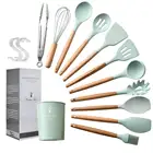 11pcs Silicone Cooking Kitchen Utensils Set, Wooden Handles Cooking Tool BPA Free Non Toxic Silicone Turner Tongs Spatula