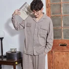 New men's cotton pajamas simple small lapel plaid home clothing