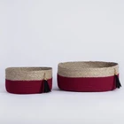 Handmade tassel custom red 2 set makeup bread small flat felt cotton rope seagrass round basket storage tray