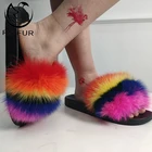 UK big size multicolor women flip flops real fox fluffy fur slides with custom logo