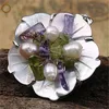 MOP462 Freshwater Pearls with Amethyst, Green Peridot Chips Stone Flower Carved Shell Pendants