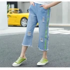New design print letter splicing strip wide-legged children girls jeans trousers