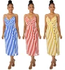 Trade Assurance Casual Girls Fashion Summer Dresses V-neck Sleeveless Striped Navy Dress Maxi Famale Dress 2019