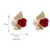 Wholesale Fashion Gold Plated Red Flower and Shining Pearls Diamond women earrings