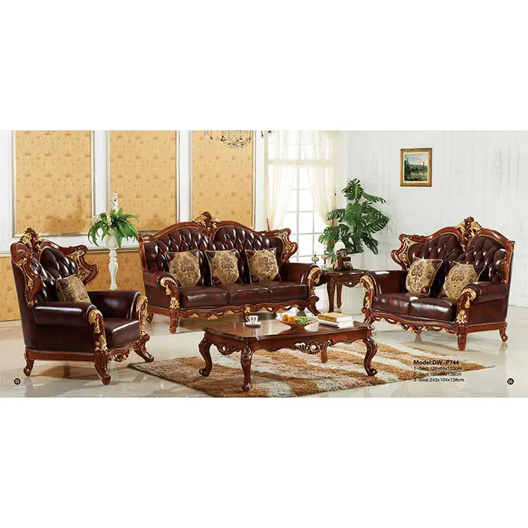 Gold Foiled Classic Carved Wood Leather Sofa Set Genuine Sets Solid Furniture Design
