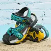 Blue splice pattern toe closed suede summer beach kids sandals