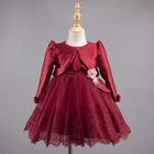Kids boutique clothing set girls beaded round collar lace princess party dresses +long sleeve short coat