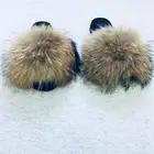 2019 New Style Multi Color Beige Brown Blue Red Pink Yellow Grey Black Fluffy Raccoon Fur Slides for Women and Kids