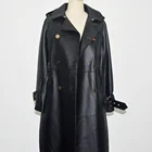 Hot Sale Lady Black Leather lining Jacket Autumn Winter Fashion Clothing Women Long Leather Jacket with Double Breasted