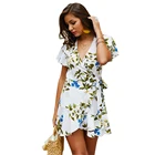 Drop Shipping One Piece Floral Print Elegant Wrap Dress Women Casual Mini Dress