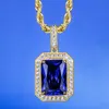 KRKC&CO Hip Hop Iced Out Crystal Rhinestone Luxury Gemstone Necklace Square Sapphire Pendant