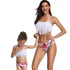 Family Vacation Swimwear Frilled Halter Little Girl Swimsuit Geometric Pattern High Waist Swimwear,Support Mixed Size