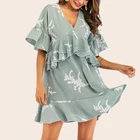 factory custom new fashion women clothes v neck printed flounce trim casual dress