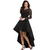 Women's Sexy Fashion Sleeves Round Collar Lace Maxi Long Crochet Tailcoat High Low Satin Cocktail Elegant Prom Party Dress