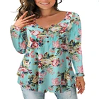 Women Casual Neck Loose Floral Print Tunic Blouses Top Women