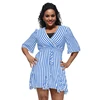 Refreshing Blue-And-White Striped Women Summer Casual Mini Dress Dress With A Waist Drawstring