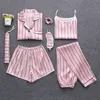 Women'S 7 Pieces Sets Pajamas Silk Emulation Striped Pajamas Women'S Sleepwear Sets Spring Summer Autumn Homewear