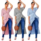 Casual striped half sleeve v neck collect waist with button irregular long blouse for woman