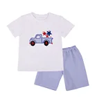 Wholesale summer baby cotton sets clothing short sleeve seersucker shorts truck applique boys boutique outfits