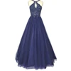 Chaozhou Factory Long Halter Party Dresses Beaded Real Royal Blue Maxi Prom Dress