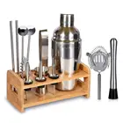 Stainless Steel Cocktail Bar Set Maker Jigger Ice Strainer Clip Spoon With Wood Holder