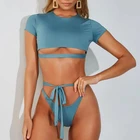 2019 Bikini Big Women Swimsuit Sports Bikini Half-Sleeve Two Piece Swimwear Bandage Thong High Waist Solid Color Tankini