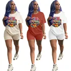 casual carton print t shirt and hot pant shorts outfits two piece set women clothing