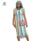 High quality excellent sexy night club short-sleeved striped fringed dresses