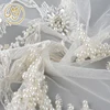 Latest designs white bride heavy beads pearl embroidery lace fabric for dress wedding veil