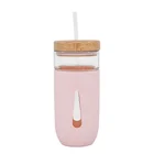 2019 Bottle Design Silicone Sleeves Glass Cup With Wood Lid And Straw