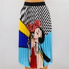 High waist long rainbow print large size satin pleated skirt women's pleated maxi skirt
