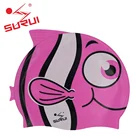 High quality Funny Silicone Kids Custom Printed Big eye fish Swimming Caps with Your Logo