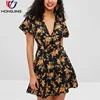 Asian style ladies floral print ruffles belted surplice dress
