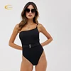 private label swimwear manufacturer sexy ladies blank one shoulder swimwear with buckle in black