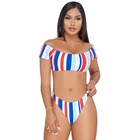 Summer sexy side striped rainbows print U neck off shoulder triangle bikini swimwear bathing suit