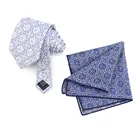 Decent Tie Pocket Square Set Map Floral Woven Jacquard White Necktie Blue Silk Pocket Squares for Men
