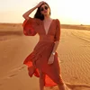 2019 Amazon hot bohemian solid color deep v neck boho clothing high split lantern sleeve sexy dress