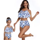 2Pcs Mommy and Me Matching Family Swimsuit Ruffle Women Swimwear Kids Children Toddler Bikini Bathing Suit Beachwear Sets