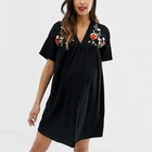 Embroidered short sleeves ultimate cotton smock black ladies casual maternity dress