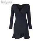 Fashion Red Black deep v-neck dress long sleeve ruffles evening dresses