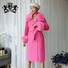 Women's Double breasted Fur collar long 100% wool Double Face Trench 100% cashmere coat