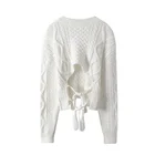 Women's Long Sleeve V Neck Backless Lace-up Cable Knitted Short Top Pullover Knitwear
