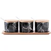 Luxury black marble kitchen seasoning condiment spice canisters sets / ceramic canister with tray for hotel