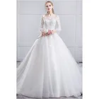 Luxury Appliques Veil Illusion Long Sleeve Lace Up Wedding Dress WF199
