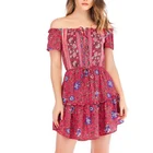 100% cotton off the shoulder ruffled hem lace up collar casual digital print midi beach women dress
