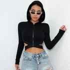 Black Cross Hollow Long Sleeve Hoodie,Zipper Crop Top Sexy Tank Top Women Sports Wear