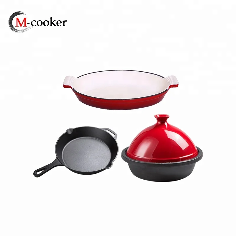 Wholesale OEM Yang Dapur Oven Besi Cor Ramah Lingkungan Keramik Tagine Pot/Penggorengan/Dish Pan Peralatan Masak set